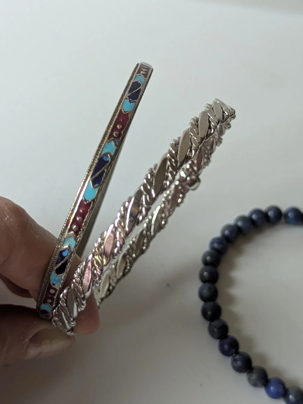 Silvertone and Blue Beaded Stackable Bracelet Set